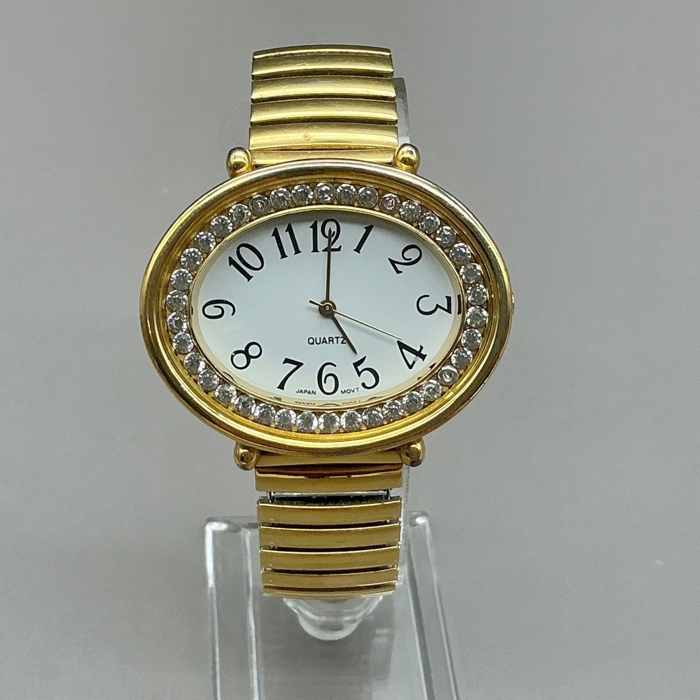 Avon Watch Women's Gold Tone Rhinestone Oval Expansion Band 36mm NEW BATTERY